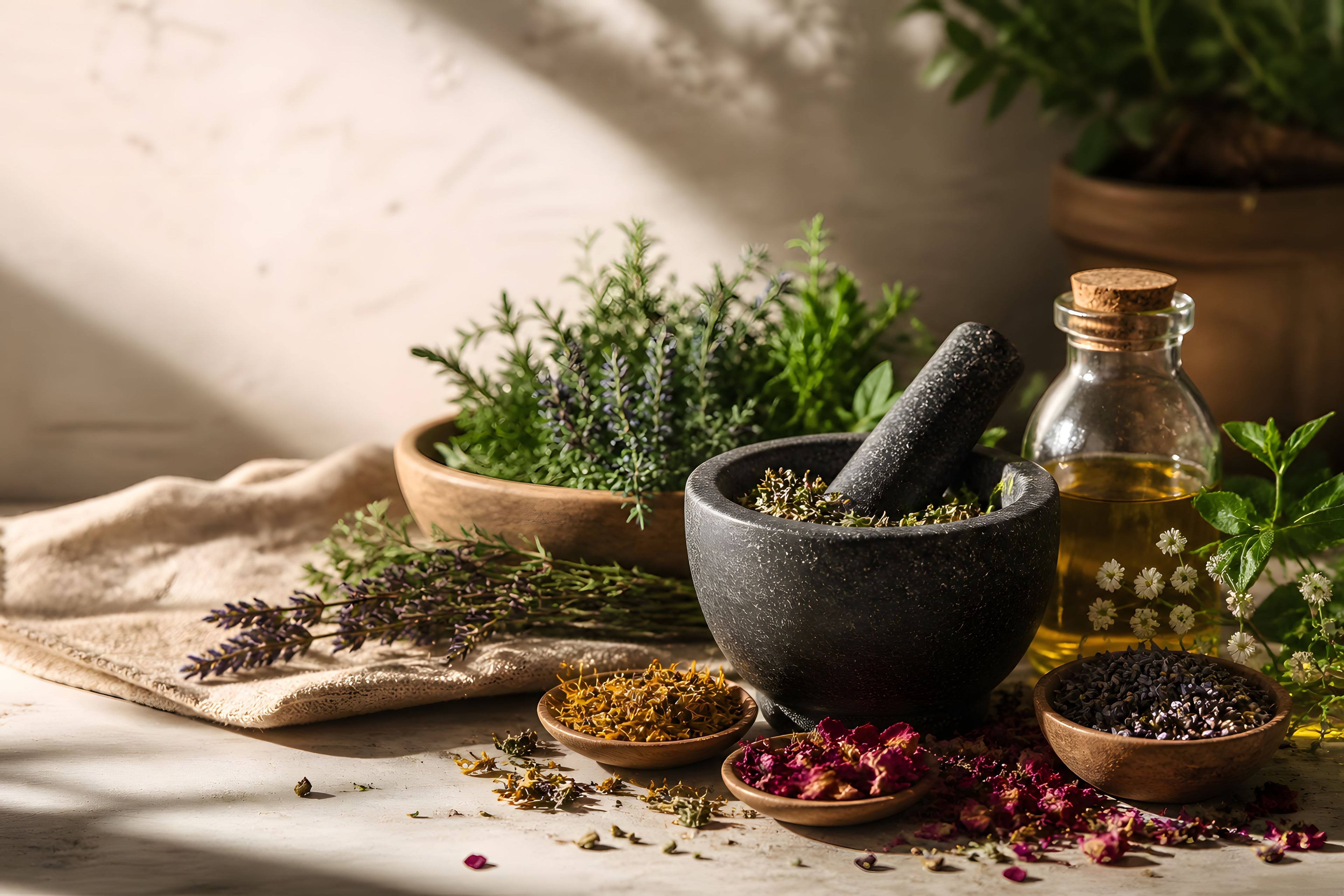 Mortar and pestle with whole spices – the way Mai Re works